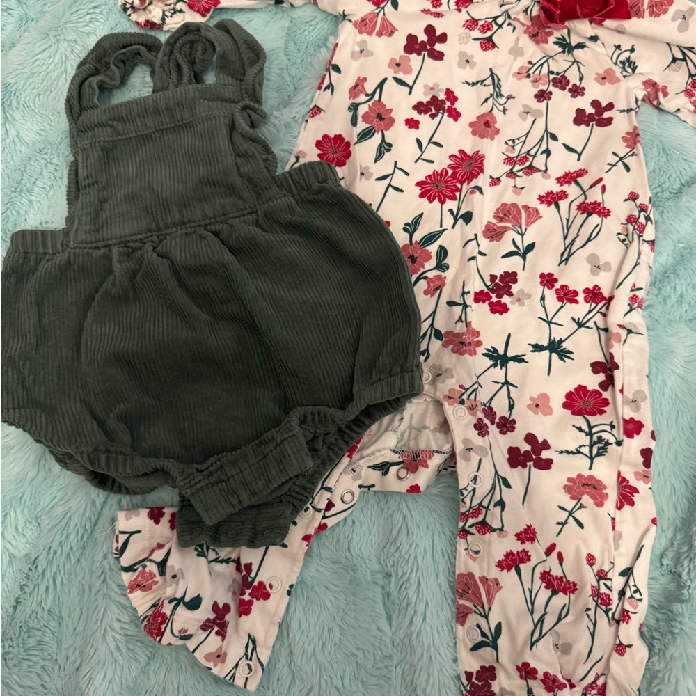Old Navy Green Corduroy Romper and Floral One Piece Set